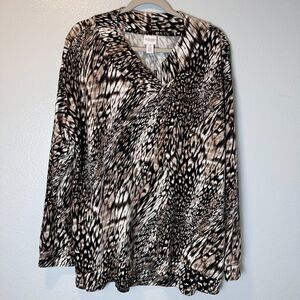 Chicos Weekends Womens Size 3/US XL Leopard Soft Knit Top Pullover Pockets Brown
